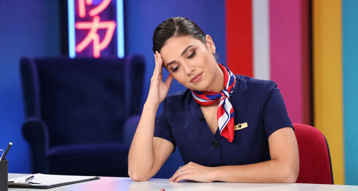A peaceful Female From Spain, majored in journalism in their 25, entering first serious friendships and relationships, wearing a flight attendant uniform with a silk scarf, resting a hand on the forehead in a tv set.