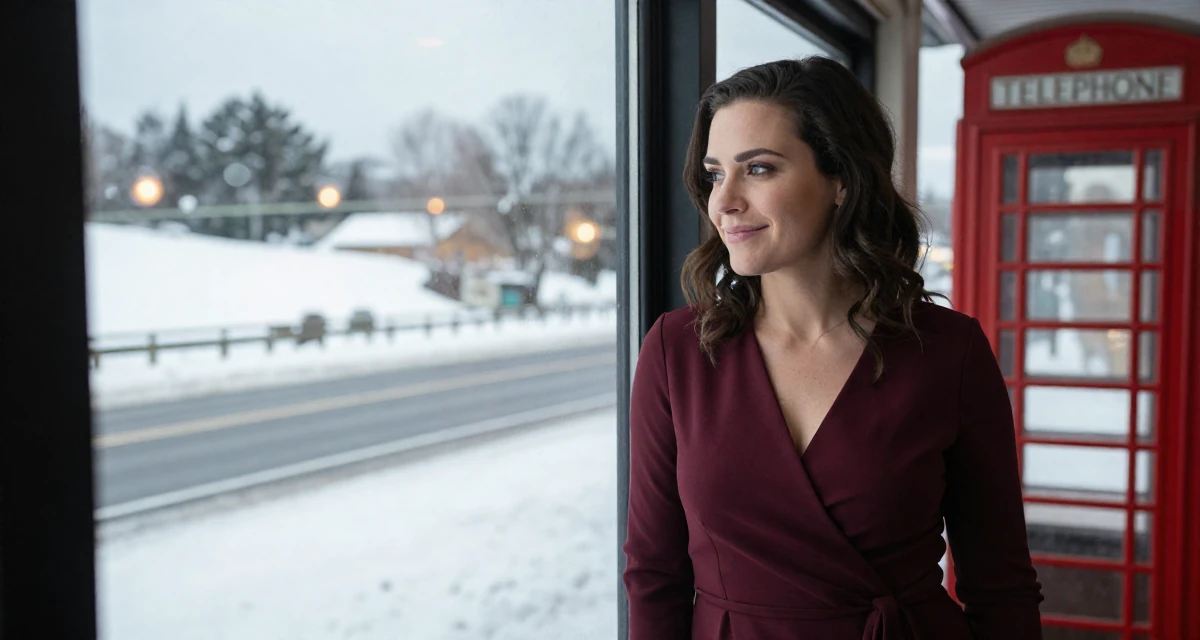 A upbeat Female From Wellington New Zealand, studied creative writing and visual narrative in their 23, making decisions that will shape future lifestyle, wearing a elegant wrap dress in deep burgundy, looking out the window in a country road.