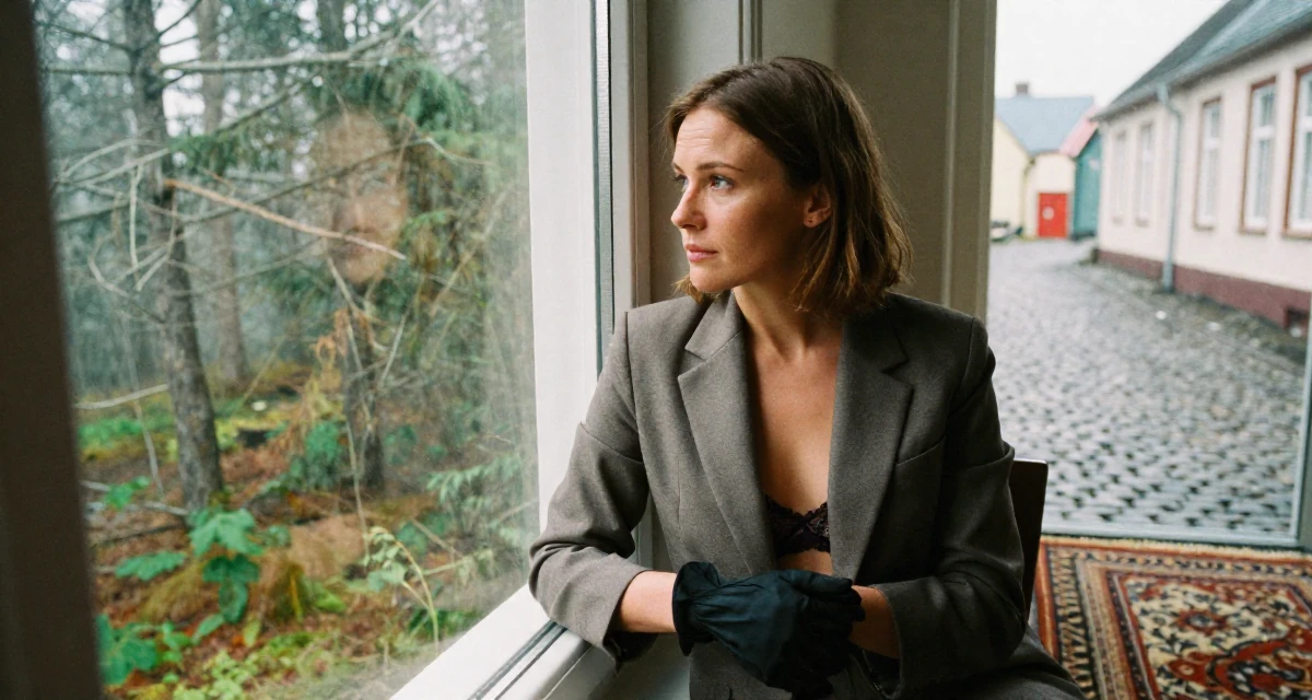 A reflective Female From Iceland, majored in renewable energy studies in their 38, sharing tips for effective remote work, wearing a fitted blazer with nothing underneath but a lace bra (hinted), putting on a glove in a dense misty forest.