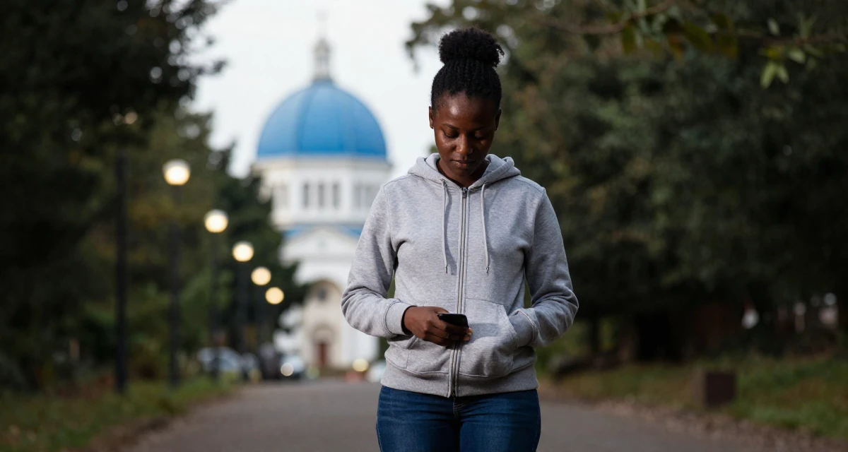 A relaxed and carefree Female From Nairobi Kenya, holds a degree in communications in their 22, confronting competitive job markets, wearing a classic grey hoodie and jeans, zipping up a hoodie in a forest path.