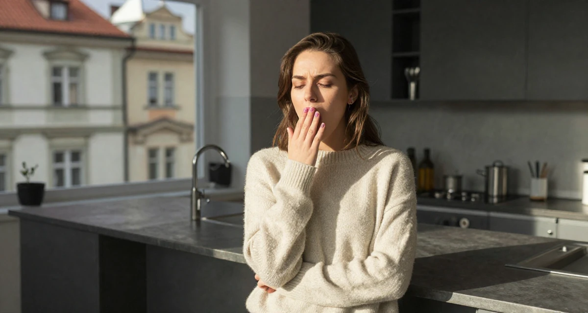 A gently serious Female From Prague Czech Republic, majored in multimedia journalism in their 22, adapting to the shift from school to full-time work, wearing a soft cashmere sweater worn with nothing visible underneath, yawning discreetly in a sunlit kitchen island.