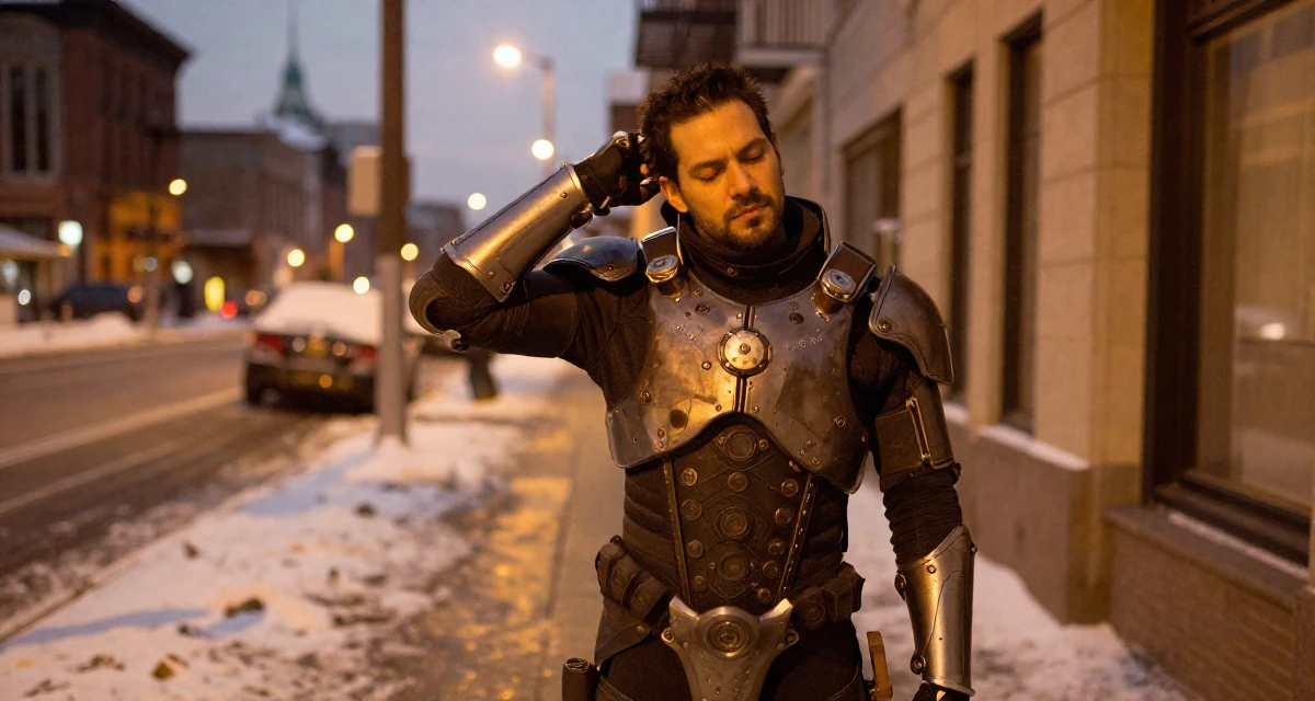 A sleepy male From Honduras, majored in creative writing in their 39, advocating for mental health awareness, wearing a biopunk organic armor suit, tucking hair behind an ear in a city sidewalk.