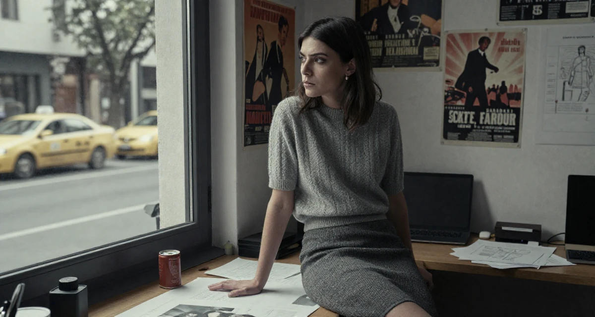 A serious Female Raised in Turkey, studied media relations and advertising in their 23, changing career paths with terrifying courage, wearing a short sleeve cashmere sweater and a skirt, looking at a reflection in a window in a fashion design studio.