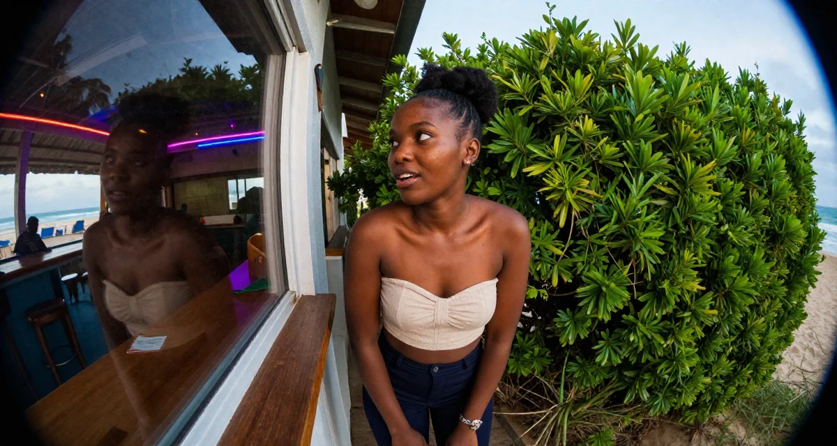 A charming Female From Zambia, majored in marketing communication in their 22, learning workplace expectations and boundaries, wearing a cropped bustier top and high-waisted slacks, looking at a reflection in a window in a beach bar.