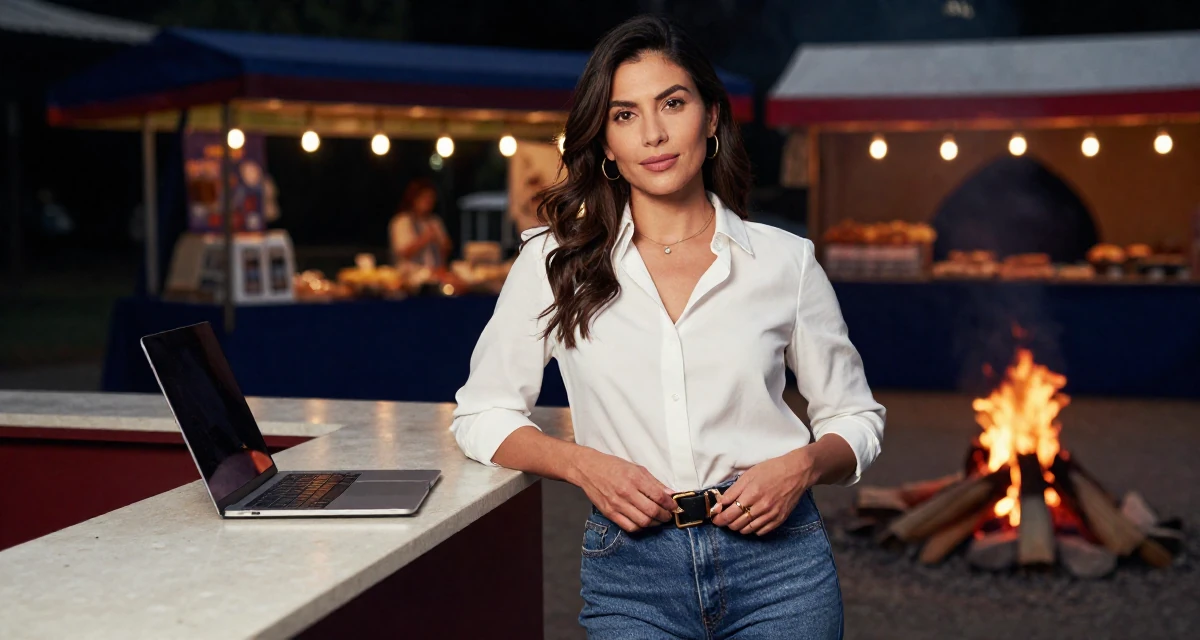 A sophisticated Female Raised in Mexico, majored in e-commerce management in their 47, creating a guide for solo female travel, wearing a effortless white blouse and jeans, fixing a belt buckle in a campfire circle.