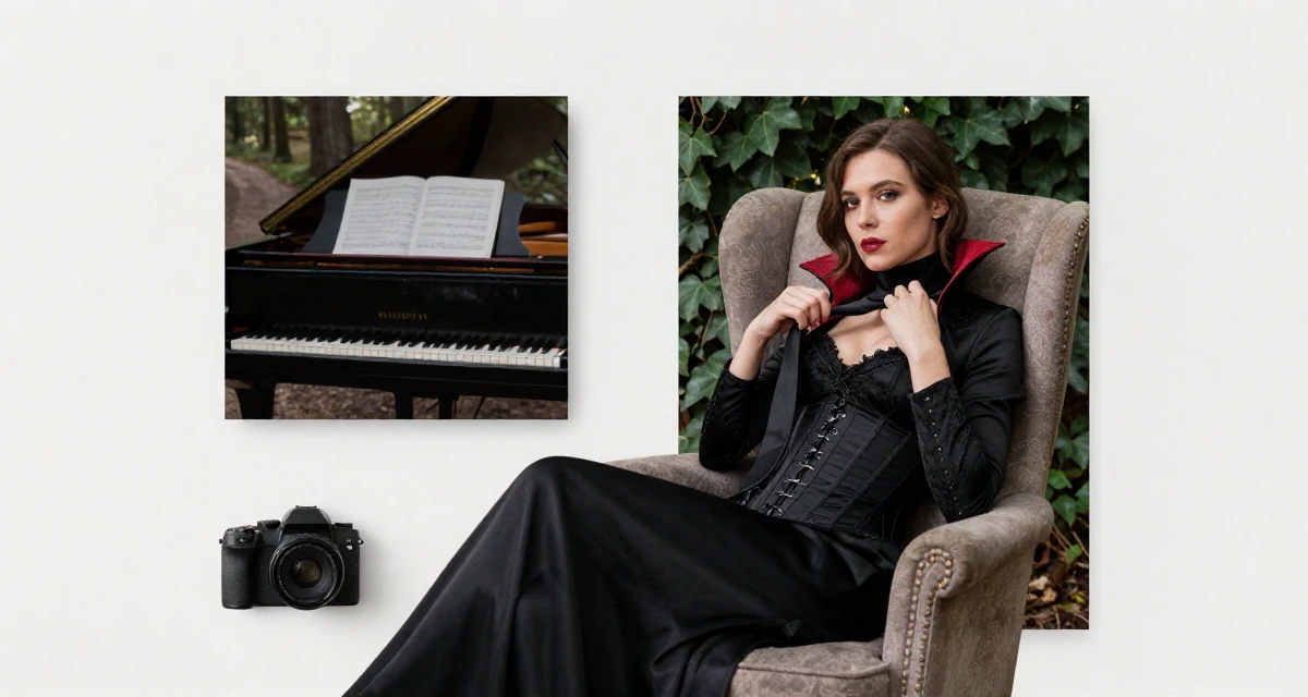A deeply absorbed Female From Russia, has a background in piano performance in their 23, creating photo sets that feel intimate but not explicit, wearing a vampire queen gown with a high collar and corset, playing with a tie in a forest path.