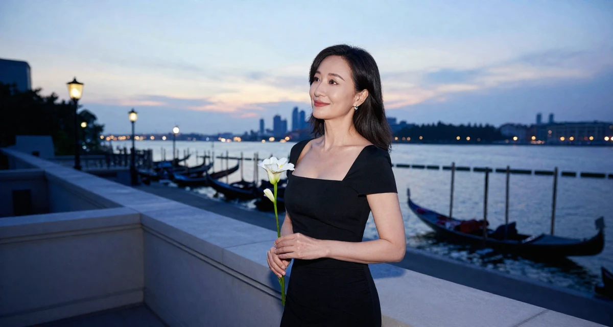A softly smiling Female From Chinese-speaking regions, majored in marketing analytics in their 34, focusing on skincare and graceful aging, wearing a fitted black dress with a square neckline, holding a flower in a rooftop terrace at sunset.
