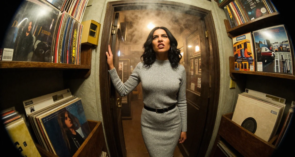 A ferocious Female From Peru, studied hospitality and tourism management in their 48, reviewing luxury travel destinations, wearing a form-fitting sweater dress with a belt, leaning against a door in a vintage record store.