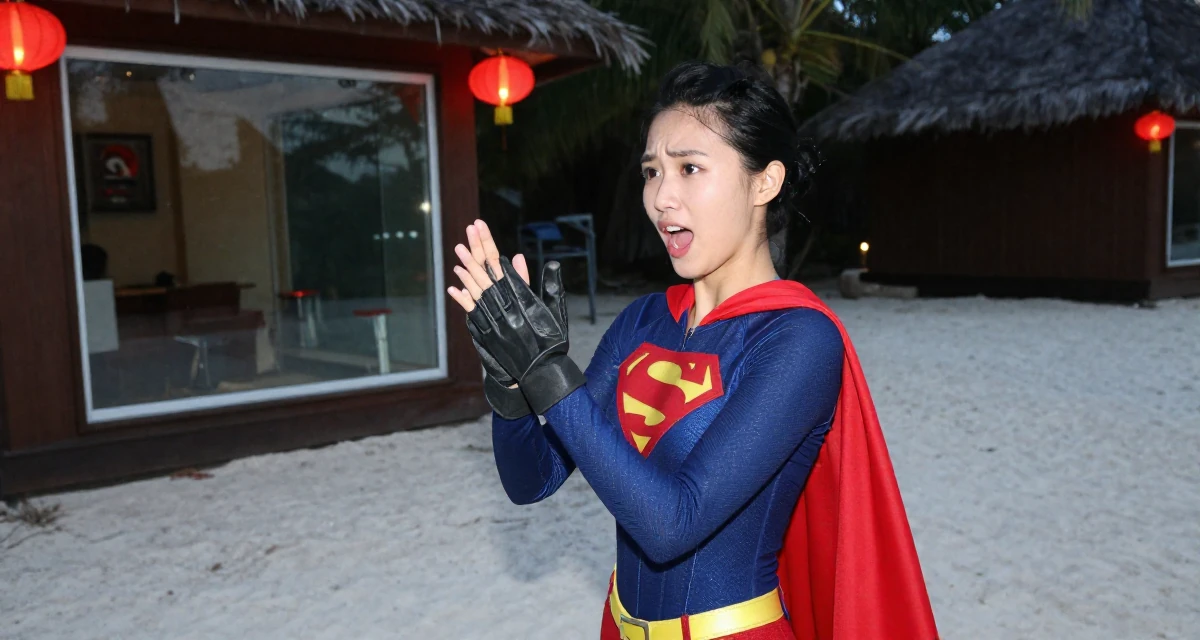 A anxious but excited Female Once a soldier trainee, now exploring softer sides through creator work in their 20, radiating fresh-faced youthful energy, wearing a superheroine spandex suit with a cape, putting on a glove in a tropical white sand beach.