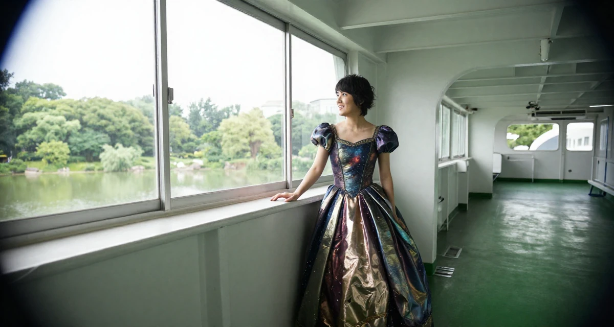 A hopeful male From Japan, based in Fukuoka, graduated from a media college majoring in soft-glam creative production in their 22, realizing that “overnight success” is a lie, wearing a galactic princess gown with metallic fabrics, looking out the window in a ferry deck.