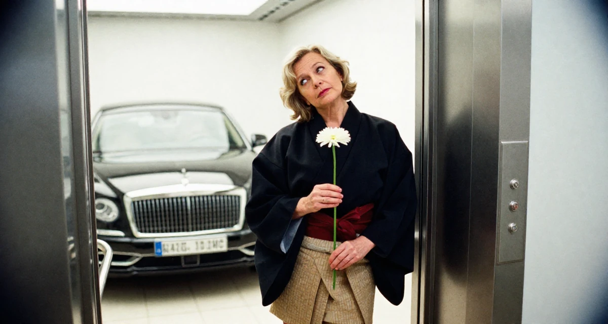 A wistful male Raised in Poland, majored in entrepreneurship studies in their 40, defying stereotypes of aging women, wearing a shrine maiden outfit with a short hakama skirt, holding a single flower in a elevator hall.