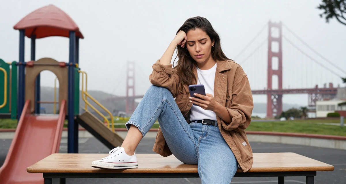 A exhausted Female From Ecuador, studied system engineering in their 48, sharing lessons learned from failure, wearing a casual weekend brunch outfit, checking a phone in a school playground.