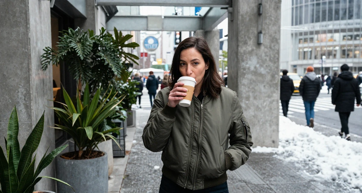 A solemn but kind Female From United States, majored in hospitality operations in their 37, embracing the chaos of family life with humor, wearing a classic bomber jacket style, sipping a latte in a snowy sidewalk.