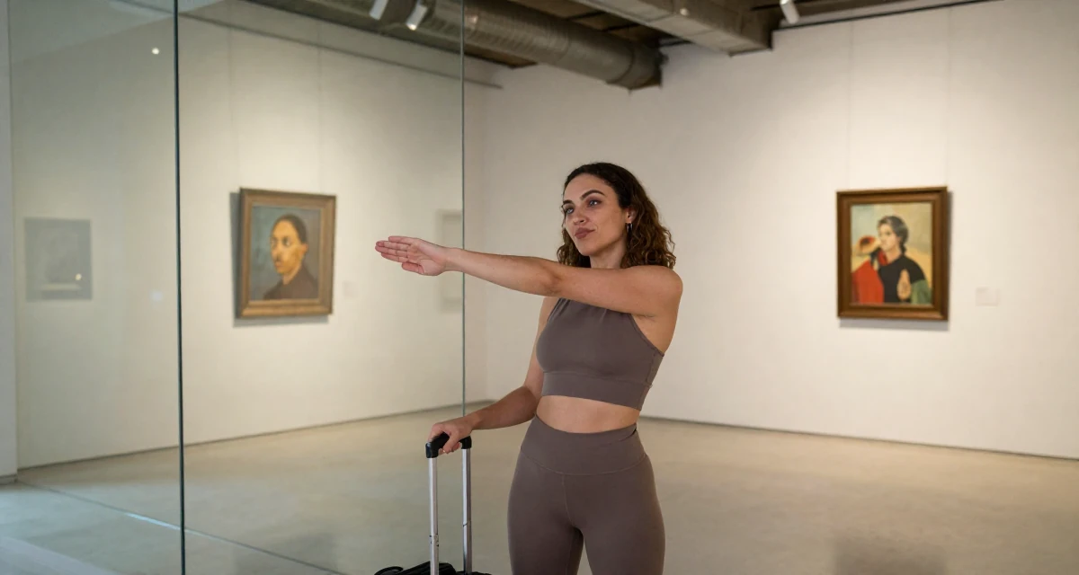 A cheeky Female From Cairo Egypt, studied anthropology in their 25, building long-term loyalty with core subscribers, wearing a fitted athletic wear, polling a luggage handle in a art gallery hall.