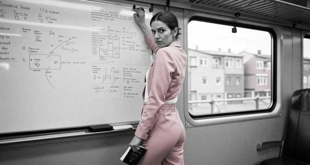 A unimpressed Female From Sweden, trained in interior architecture in their 31, recently paid off student loans, wearing a tailored pantsuit in pastel pink with a white top, holding a passport in a train carriage.