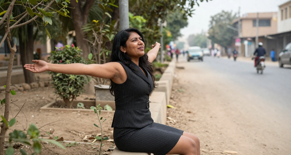 A triumphant Female Born in Nepal, studied urban planning in their 20, looking for their tribe in a new city, wearing a pinstripe pencil skirt and a matching vest top, stretching arms after waking in a botanical garden.