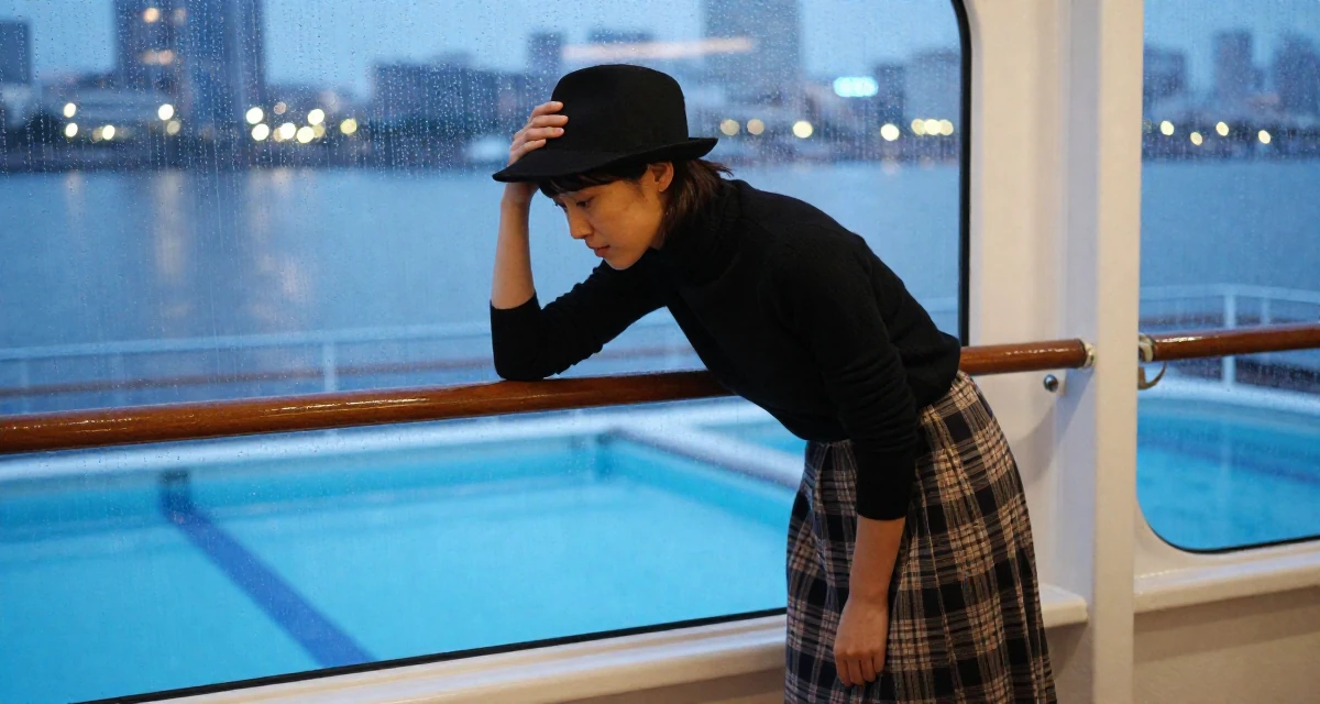 A focused Female From Tokyo Japan, studied gravure-style posing and aesthetic direction in their 31, teaching photography and editing skills, wearing a classic black turtleneck tucked into a plaid midi skirt, tipping a hat in a cruise ship deck.