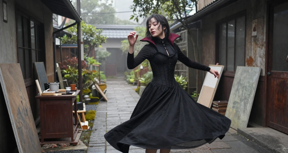 A dreamy Female Former street-dance trainee, now offering choreography-based fan content in their 24, learning how to set boundaries in private messages, wearing a vampire queen gown with a high collar and corset, playing with a ring in a artist workshop.