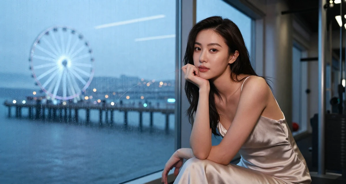 A charming Female From Canada, has a diploma in graphic design in their 24, curating a specific high-end lifestyle, wearing a silk slip dress in a soft neutral tone, biting the lower lip softly in a gym interior.