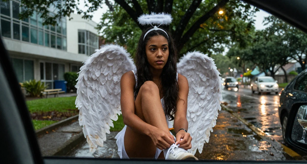 A relaxed and observant Female From Trinidad & Tobago, studied performing arts in their 25, struggling with academic workload, wearing a angel costume with large feathered wings and a halo, holding a wine glass by the stem in a quiet park.