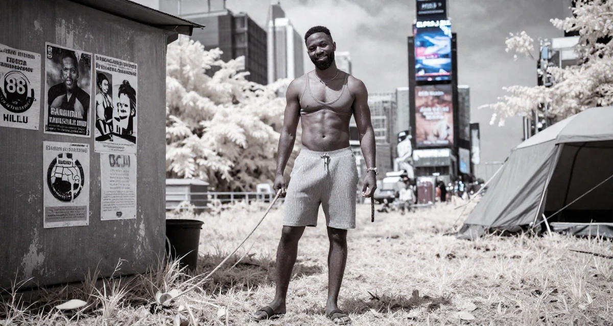 A smiling gently male From Barbados, majored in digital entrepreneurship in their 25, adopting healthier routines for career growth, wearing a ribbed knit shorts and a matching bra top, holding a leash in a camping site.