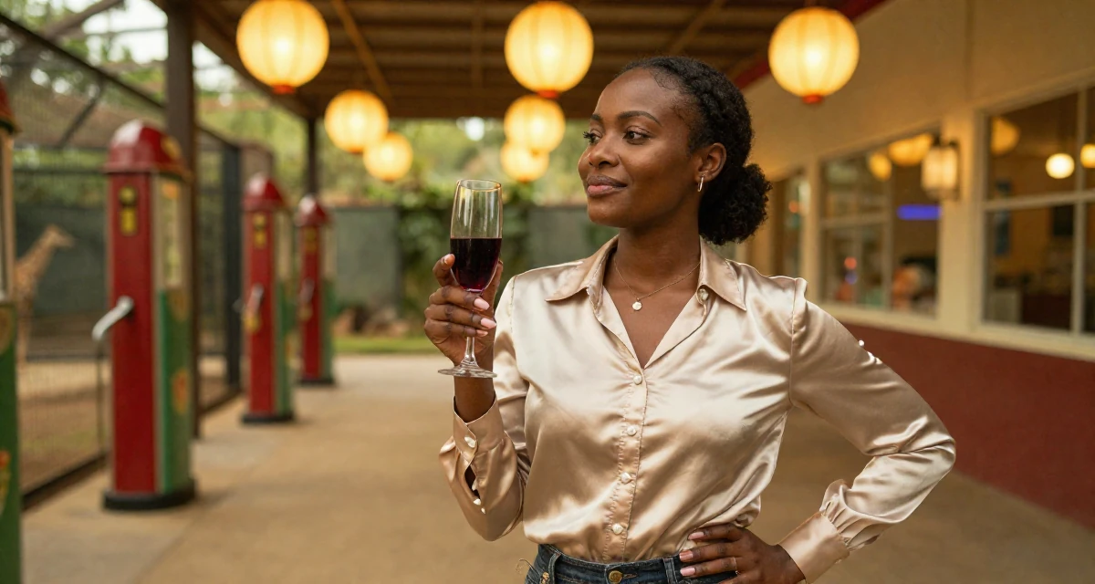 A unbothered Female From Tanzania, studied wildlife conservation in their 36, focusing on mental health and mindfulness, wearing a satin blouse with pearl buttons, holding a champagne glass in a zoo enclosure path.