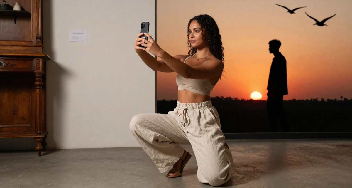A confident Female Previously a pastry student, now blending dessert aesthetics with lifestyle content in their 22, embracing bold concepts while respecting boundaries, wearing a loose-fitting linen trousers, posing for a selfie in a art gallery.