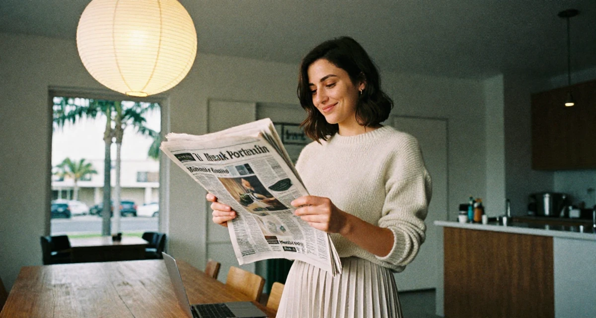 A blissful Female From Canada, trained in culinary arts in their 25, exploring creativity online, wearing a soft cashmere sweater and a pleated midi skirt, holding a newspaper in a modern apartment.