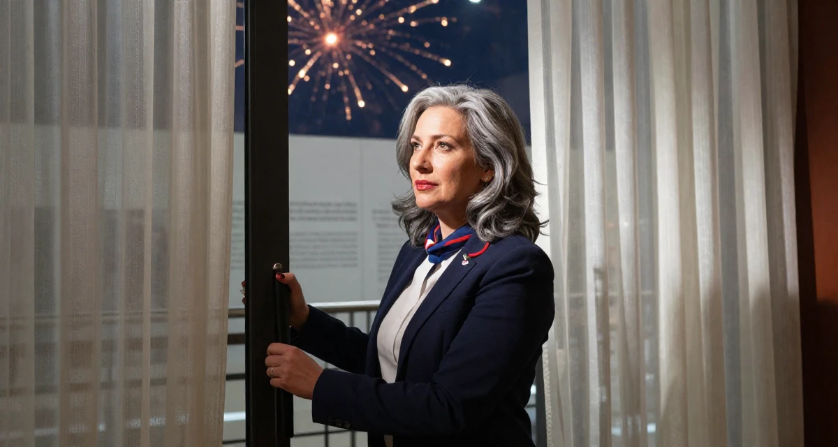 A hypnotic Female Former phone-shop clerk, now combining tech and lifestyle content in their 48, embracing grey hair with style and grace, wearing a school council president uniform with a blazer, pulling a door open in a museum exhibit.