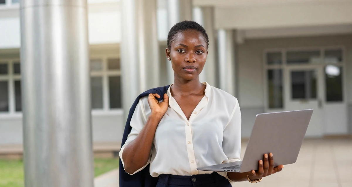A fearless Female From Nigeria, studied biomedical science in their 29, preparing for the transition into the 30s, wearing a lightweight chiffon blouse slightly unbuttoned, holding a laptop in a university campus.