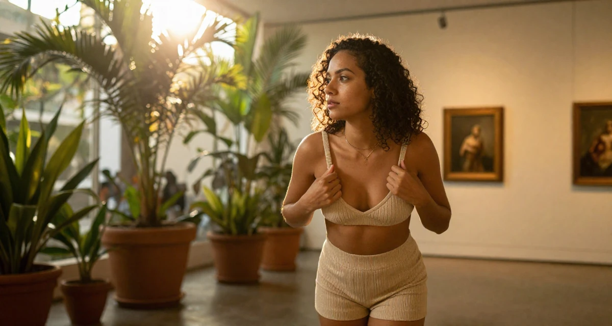 A relaxed and observant Female From Rio de Janeiro Brazil, majored in public relations in their 25, discovering what content feels comfortable or not, wearing a ribbed knit shorts and a matching bra top, adjusting a shoulder strap in a art gallery hall.