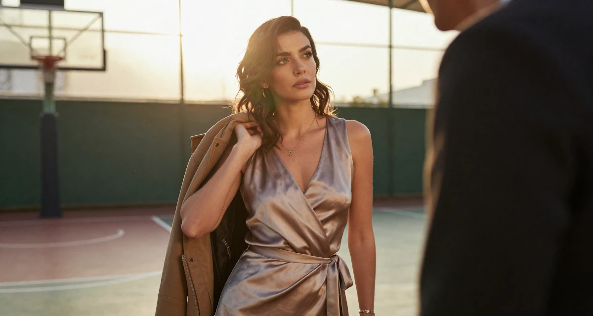 A hypnotic Female From Macau, studied hospitality management in their 42, passionate about sustainable luxury living, wearing a satin wrap dress tied loosely at the waist, putting on a jacket in a basketball court.