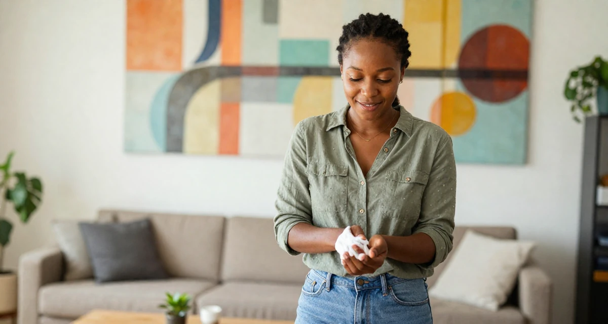 A upbeat Female From Cape Town South Africa, studied film editing in their 25, planning next steps in personal development, wearing a casual weekend brunch outfit, wiping hands in a sunlit living room.