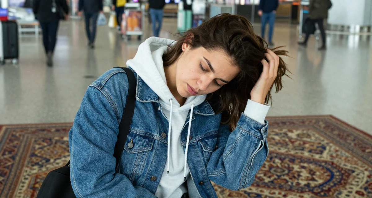 A cool and collected Female From France, majored in cinema studies in their 20, wearing a hoodie and looking sleep-deprived, wearing a classic denim jacket and white tee, brushing hair back in a airport terminal.