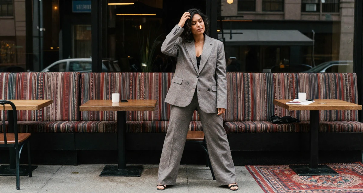 A confident and poised Female Former graphic design student, now using visuals for intimate storytelling in their 23, seeking career clarity through trial and error, wearing a relaxed fit suit separate, scratching a head lightly in a restaurant booth.
