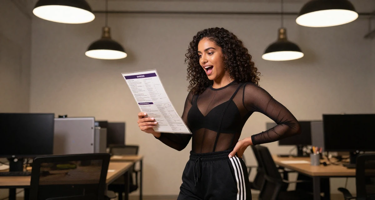 A triumphant Female Raised in the UAE, studied consumer behavior analytics in their 22, adjusting to the 9-to-5 routine after college, wearing a mesh paneled bodysuit and track pants, looking at a menu in a photo studio.