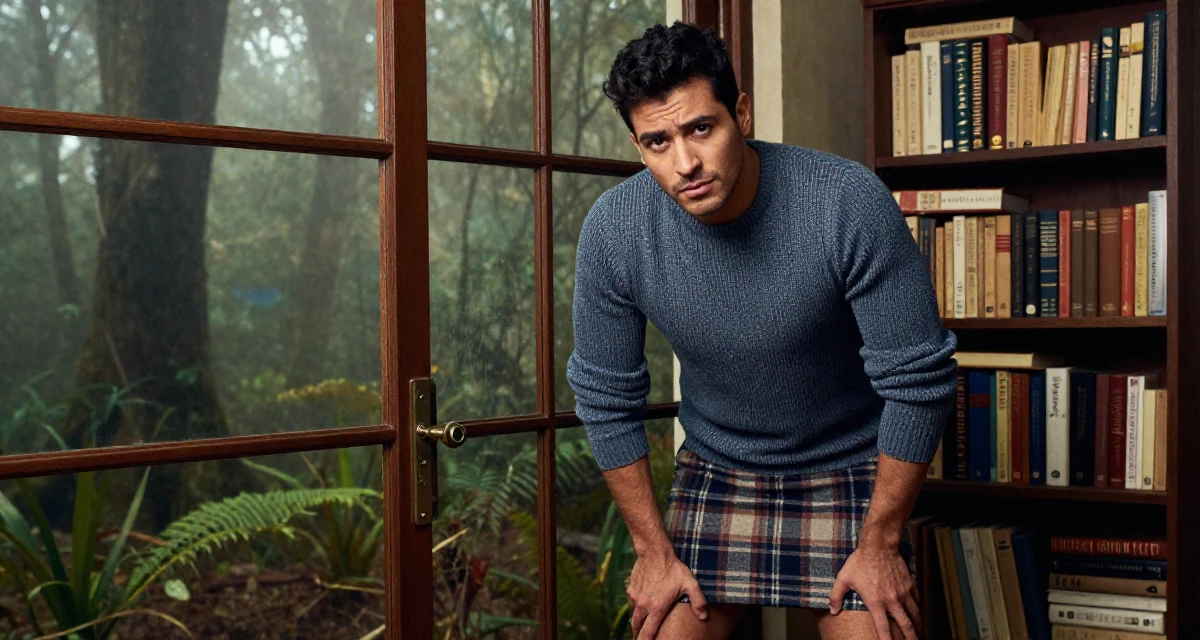 A sultry male From Brazil, studied logistics engineering in their 29, carrying invisible pressure to stay relevant, wearing a fitted merino wool sweater and plaid mini skirt, pulling a door open in a dense misty forest.