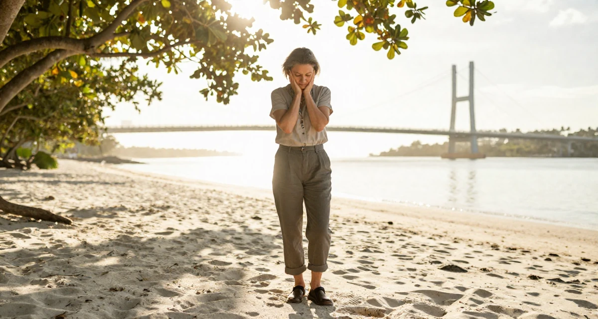 A composed Female From France, trained in perfumery and chemistry in their 22, seeking mentorship from older colleagues, wearing a comfortable urban casual outfit, looking down at shoes in a tropical white sand beach.