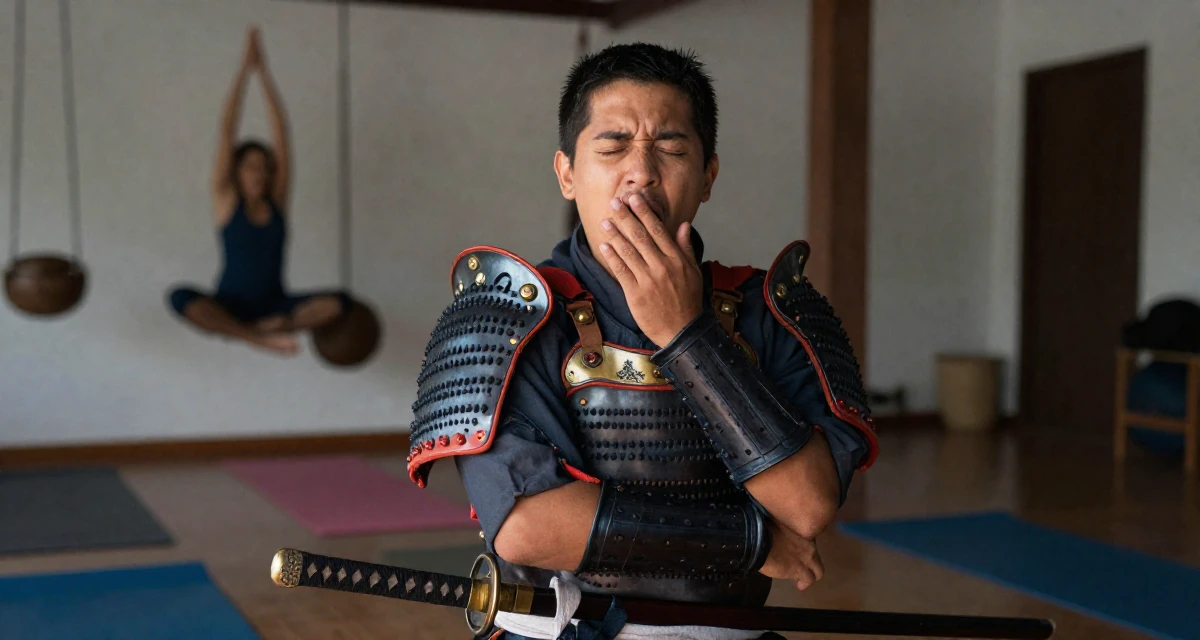 A resilient male From Mexico, studied public relations in their 26, chasing the digital nomad lifestyle dream, wearing a samurai armor set with a katana at the waist, stifling a yawn in a yoga studio.