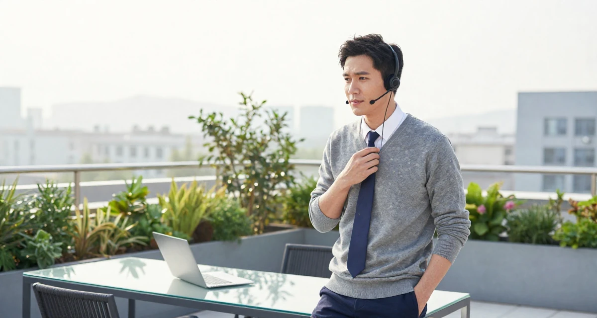 A focused male Former call-center worker, now crafting confidence-centric creator content in their 31, navigating the balance between career and new motherhood, wearing a relaxed streetwear, playing with a tie in a rooftop garden.