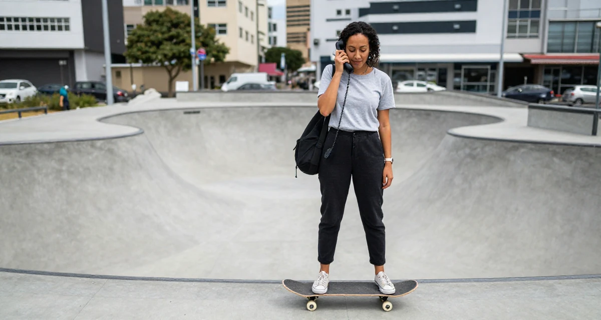 A peaceful Female From Cape Town South Africa, learned outdoor modeling and posing in their 38, rediscovering old hobbies like painting, wearing a modern casual lifestyle wear, looking through a bag in a skate park.