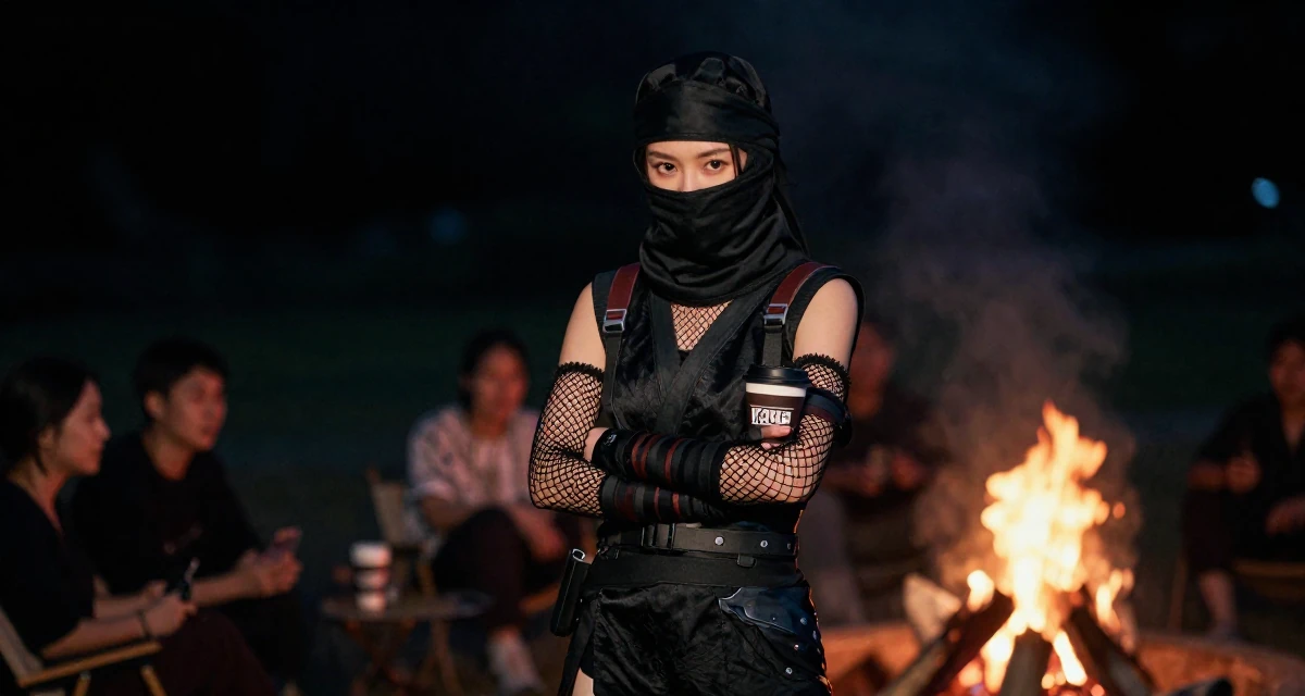 A mysterious Female From Guangzhou China, studied international business in their 29, carrying invisible pressure to stay relevant, wearing a ninja kunoichi outfit with fishnet details, holding a cup of coffee in a campfire circle.