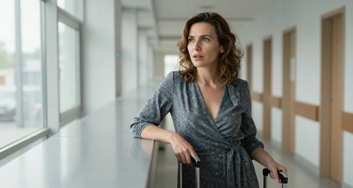 A subtly surprised Female Born in Ukraine, majored in creative communication in their 50, launching a second act career with passion, wearing a wrap blouse with a deep neckline, pulling a suitcase in a hospital corridor.