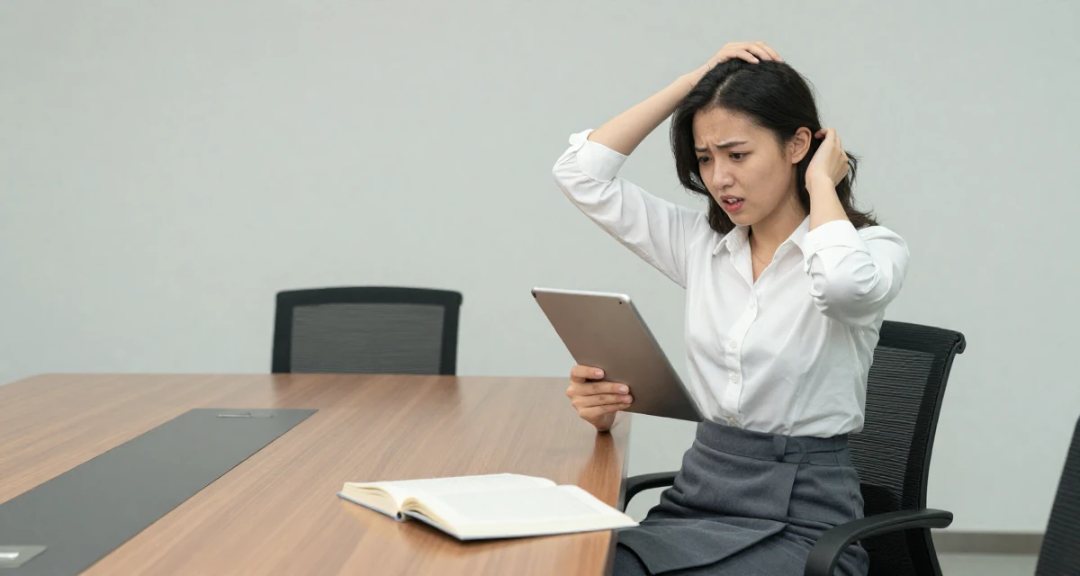 A inspired Female Former university dropout at 22, now thriving as a digital expression artist in their 25, dealing with nervousness before posting first video, wearing a asymmetrical hem skirt and a crisp white shirt, holding a tablet in a conference room.