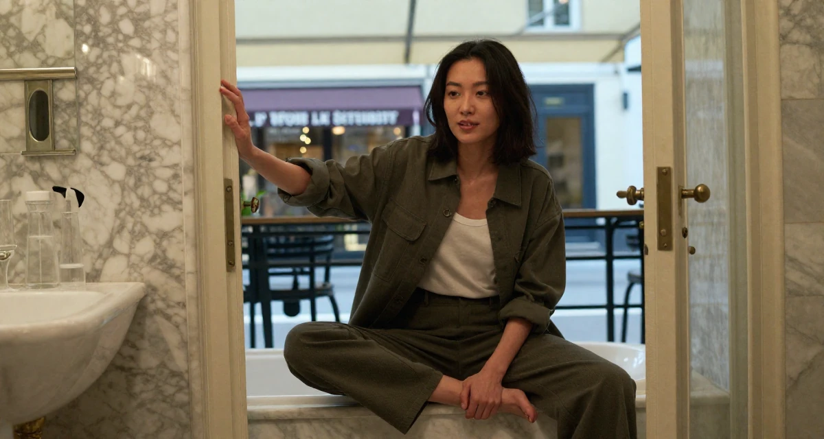 A radiant Female From Chongqing China, holds a degree in psychology in their 36, rebuilding after a breakup, wearing a modern utilitarian outfit, pushing a door open in a marble bathroom with a tub.