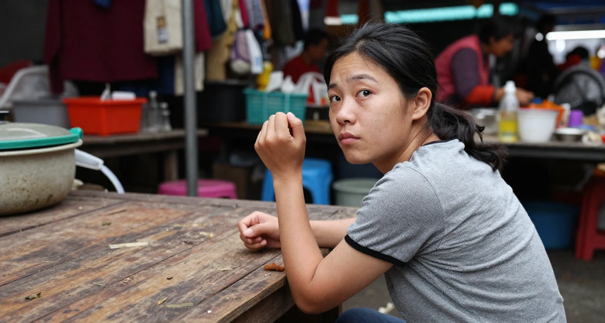 A quiet Female From China, majored in journalism in their 36, sharing tips for organizing a chaotic home, wearing a retro 90s casual vibe, cracking knuckles in a bustling market.
