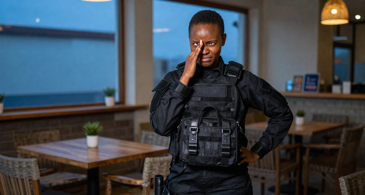A mischievous Female Born in Kenya, majored in mathematics education in their 24, hiding stress behind carefully curated posts, wearing a special forces tactical suit in matte black, holding a purse tightly in a cozy café.