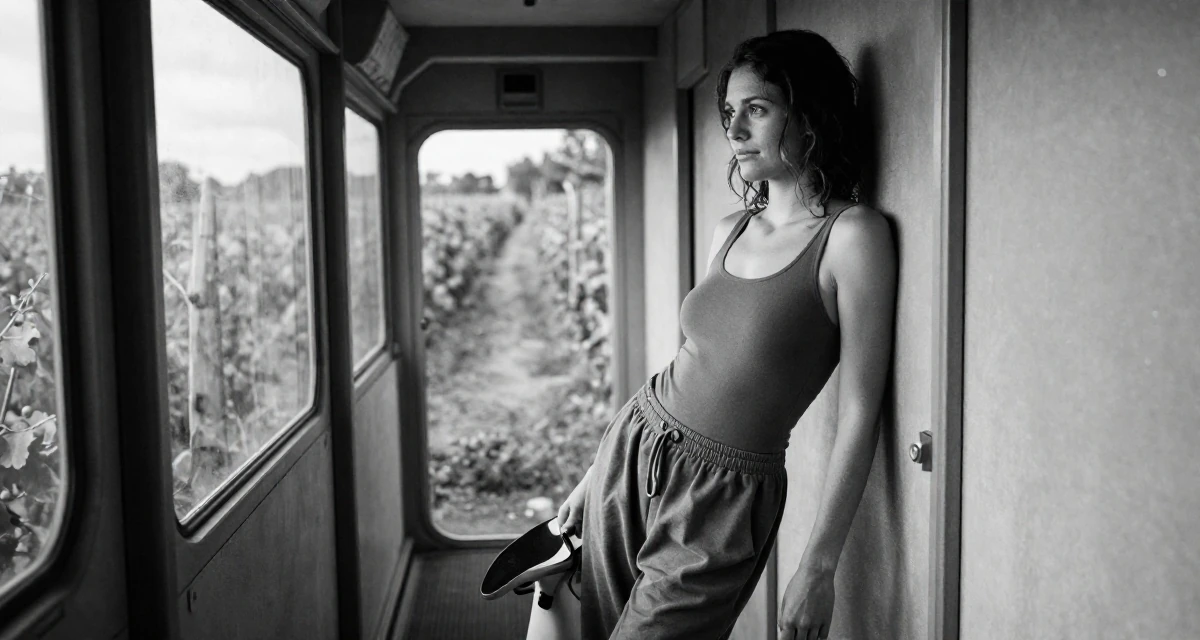 A glowing Female From France, studied viticulture and oenology in their 45, sharing the beauty of a quiet rural life, wearing a high-cut bodysuit paired with loose jogging bottoms, dangling a shoe from one foot in a spaceship corridor.