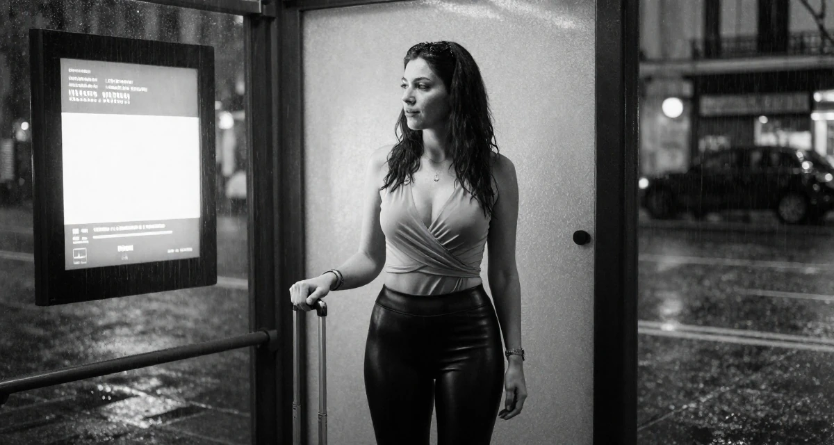 A lighthearted Female From Lebanon, based in Beirut, graduated from a creative institute majoring in expressive photoshoot styling in their 25, learning lighting tricks that highlight sensual curves safely, wearing a wrap-front bodysuit and leather leggings, polling a luggage handle in a bus stop in the rain.