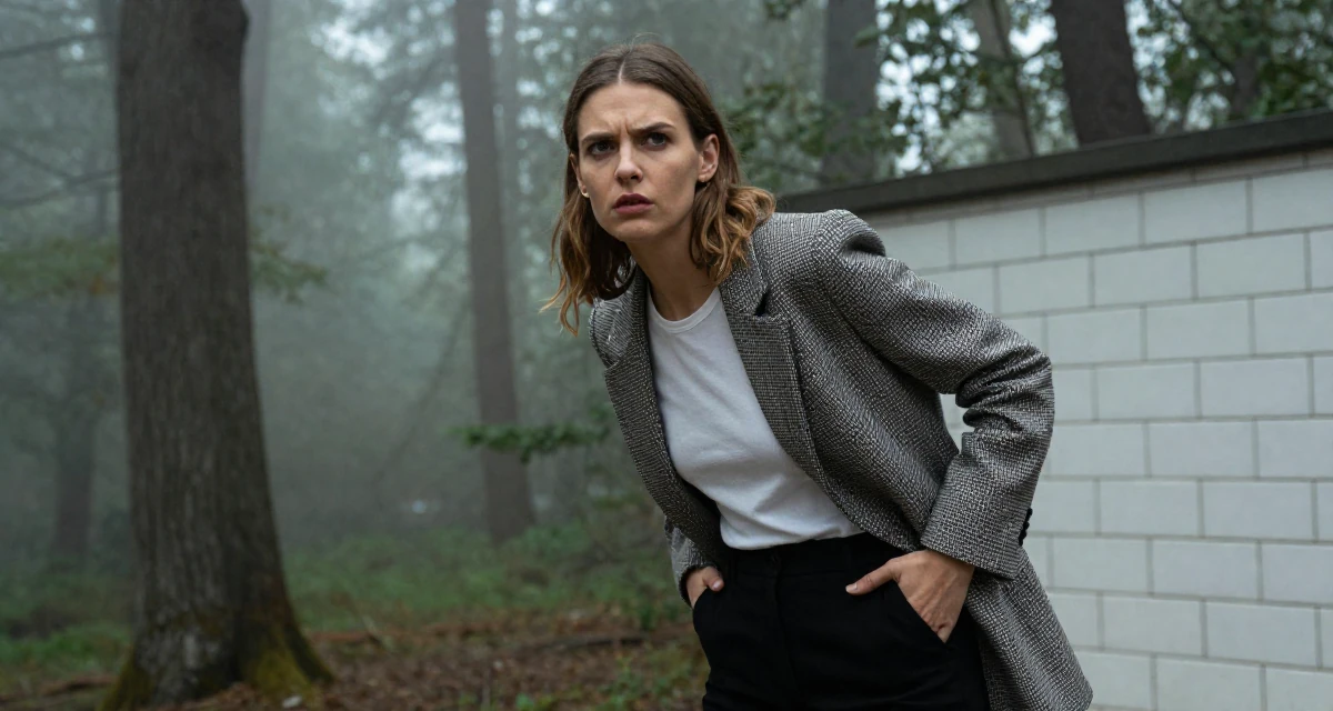 A puzzled Female From Kraków Poland, studied emotional choreography in contemporary dance in their 29, analyzing every detail of social interactions, wearing a refined casual Friday look, sliding a hand into a pocket in a dense misty forest.